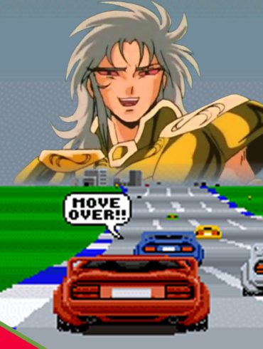 Montagem de elementos do anime de Saint Seiya e do jogo Top Gear 2